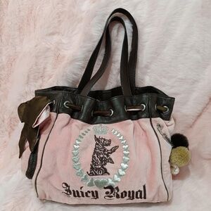 Vintage Juicy Couture Daydreamer Tote Bag Purse Royal Dog Bow Pompom Pin Charm